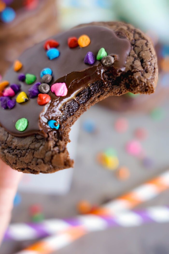 Homemade Cosmic Brownies with a bite taken out