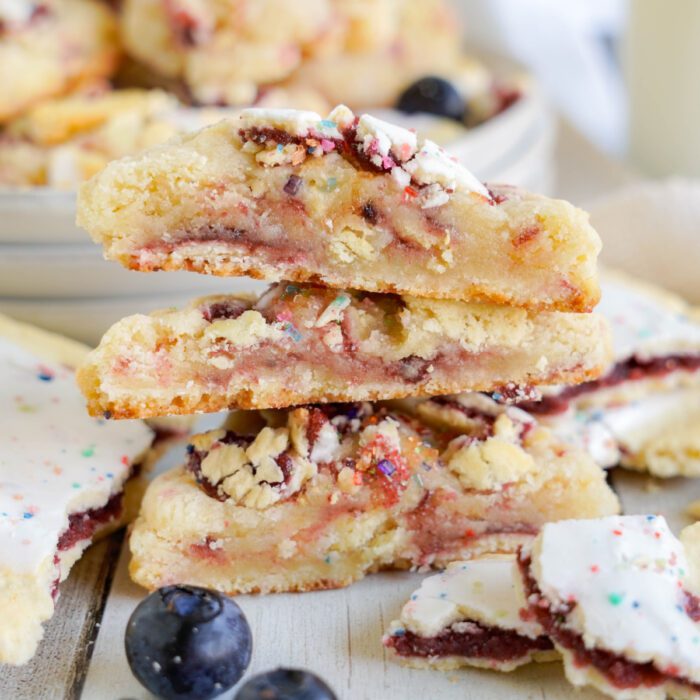 Blueberry Pop Tarts Cookies stacked and sliced in half