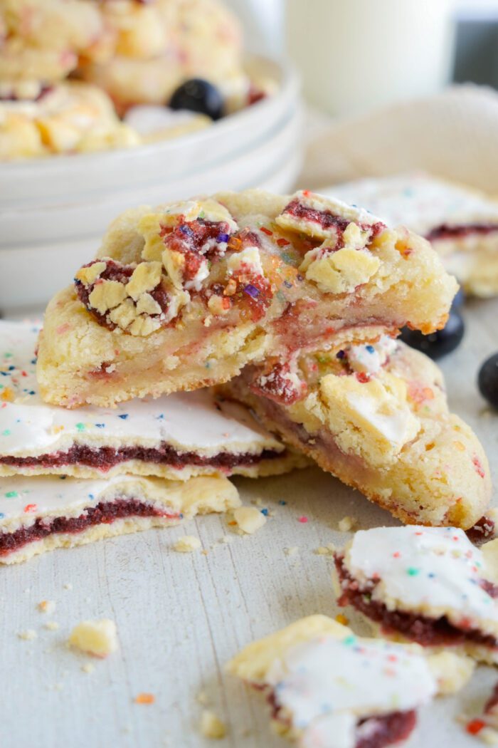 Homemade Blueberry Pop Tart Cookies sliced in half