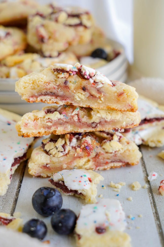 Homemade Blueberry Pop Tart Cookies sliced in half and stacked