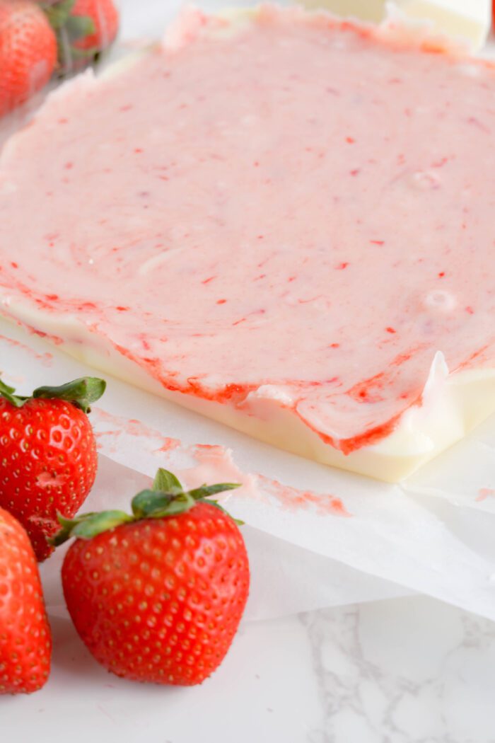 Strawberry Fudge set and taking out of baking dish