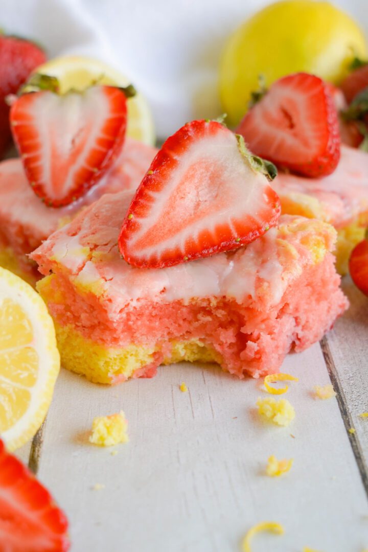 Strawberry Lemonade Brownies with bite taken out