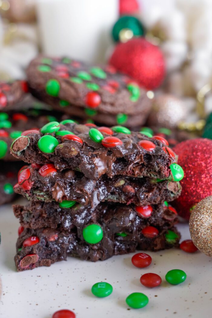 Brownie Christmas Cookies broken in half and stacked