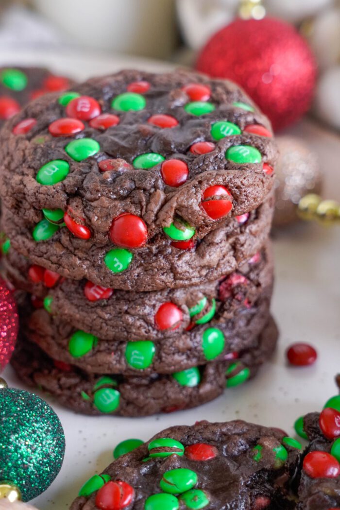 Christmas M&M Cookies stacked up