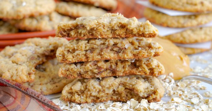 A stack of three oatmeal cookies.