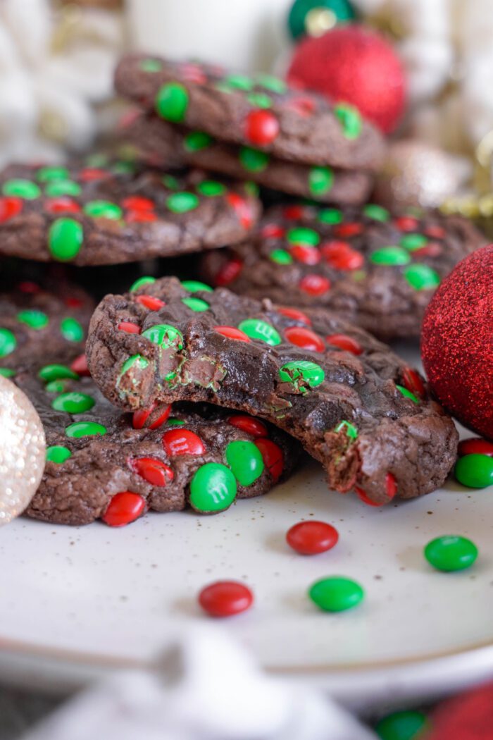 Christmas M&M Cookies with a bite taken out