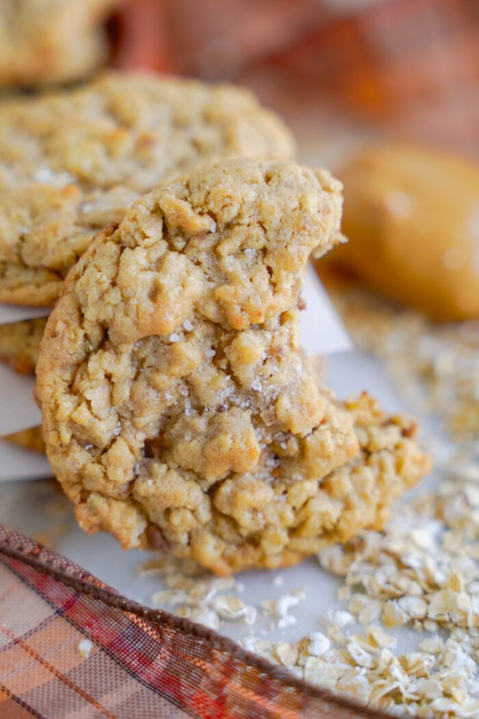 A close-up image of a stack of oatmeal cookies.