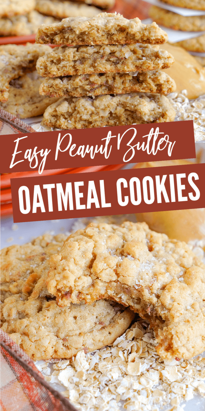 Peanut Butter Oatmeal Cookies pics stacked, sliced, and with a bite taken out