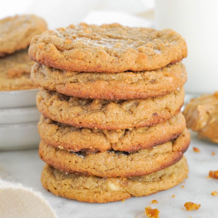 A stack of six peanut butter cookies.
