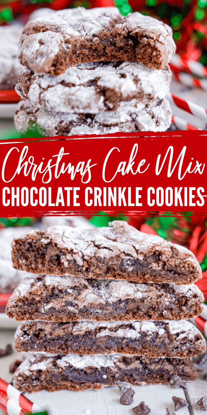 A stack of three chocolate crinkle cookies.