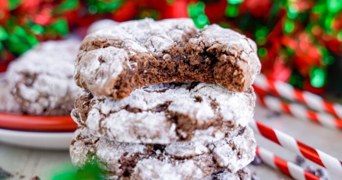 Chocolate Christmas Crinkle Cookies stacked