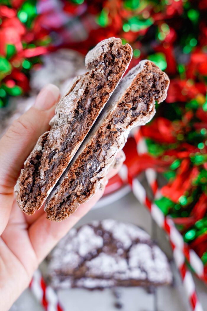 Chocolate Crinkle Cookie sliced in half