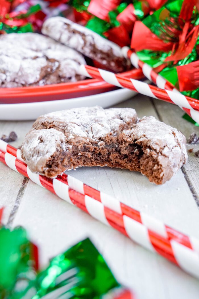 Christmas Crinkle Cookies with a bite taken out