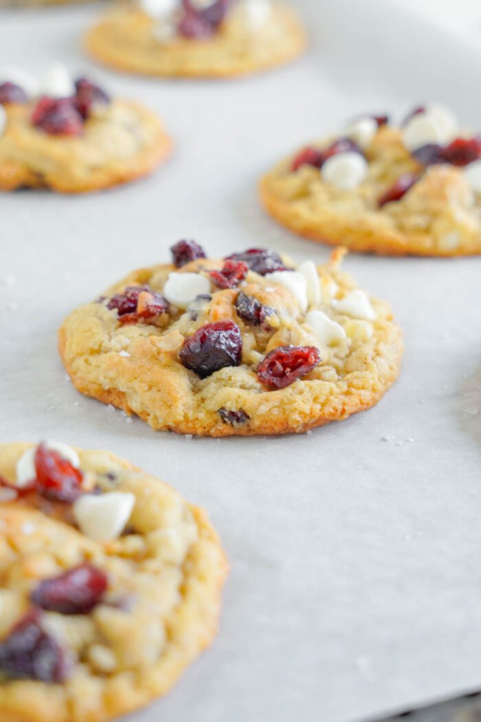 Cranberry Oatmeal Cookies baked on a baking sheet