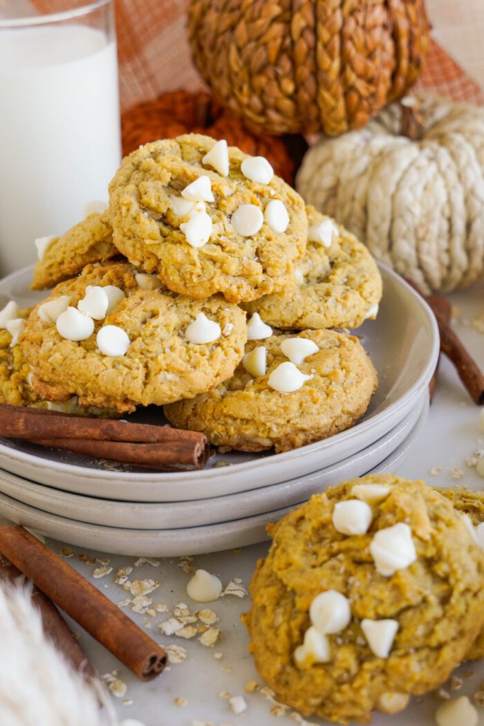 Pumpkin Oatmeal Cookies on a plate with white chocolate chips