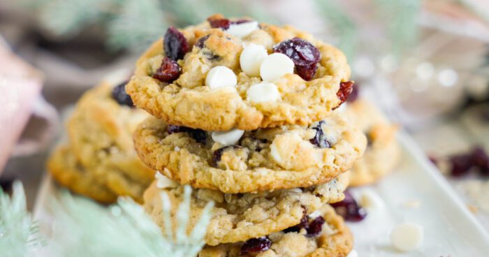 Easy White Chocolate Chip Cranberry Oatmeal Cookies in a stack