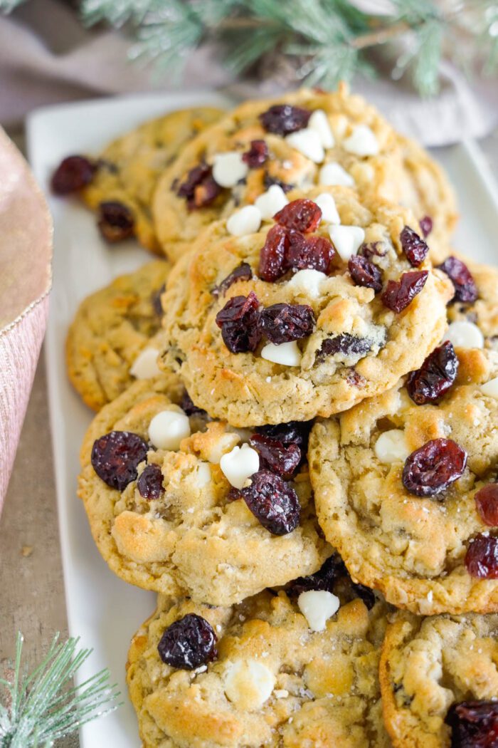 Oatmeal Cookies with Cranberries and White Chocolate Chips on a plate