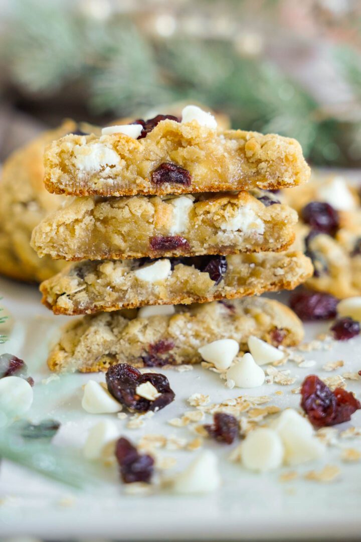 Oatmeal Cranberry Cookies stacked and sliced in half