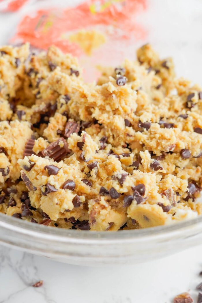 Reese's Stuffed Chocolate Chip Cookies dough in bowl