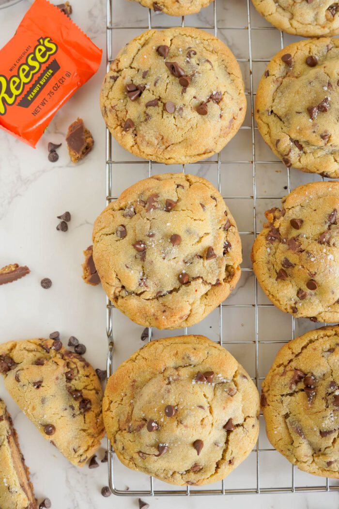 Reese's Stuffed Chocolate Chip Cookies on cooling rack