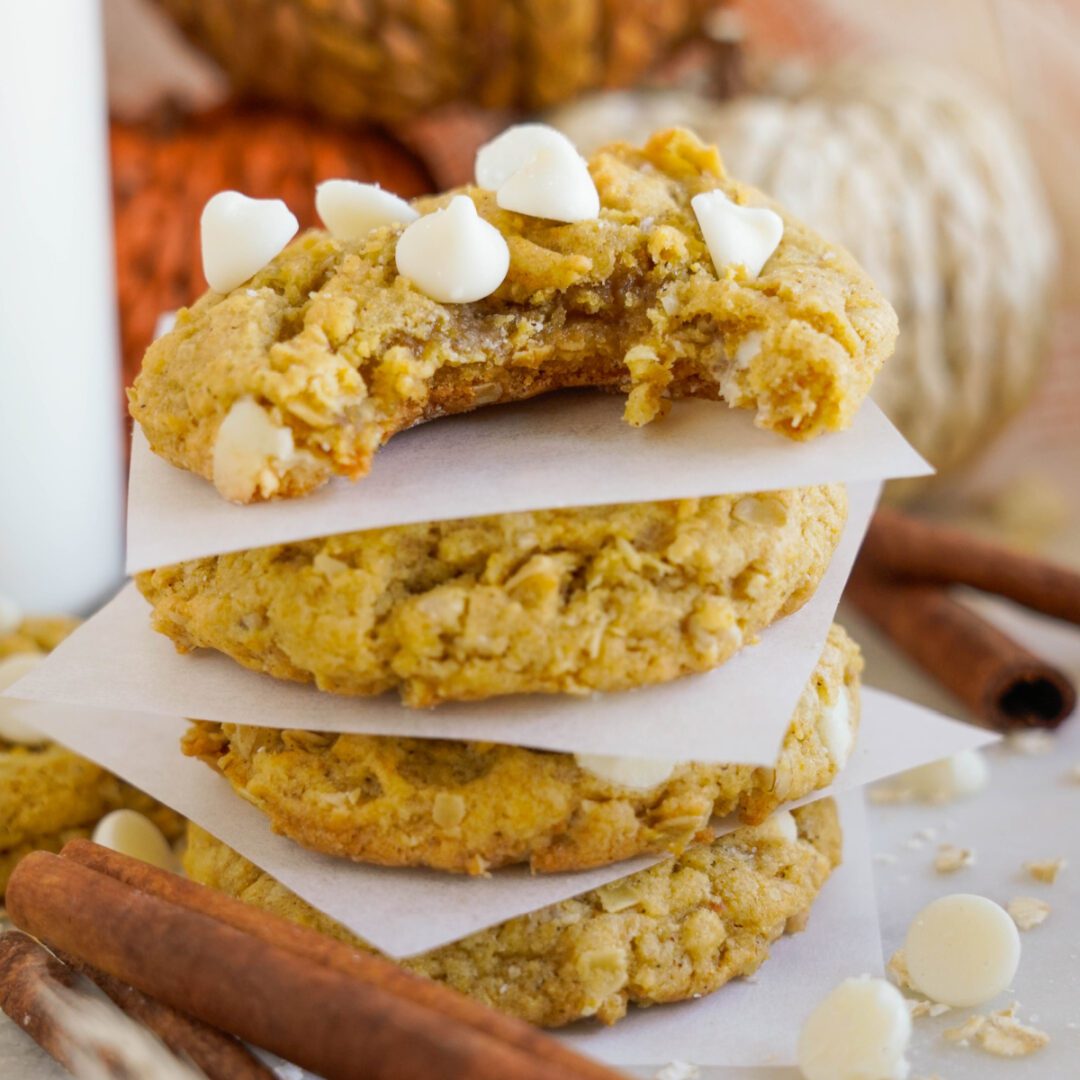 Pumpkin Oatmeal Cookies topped with white chocolate chips