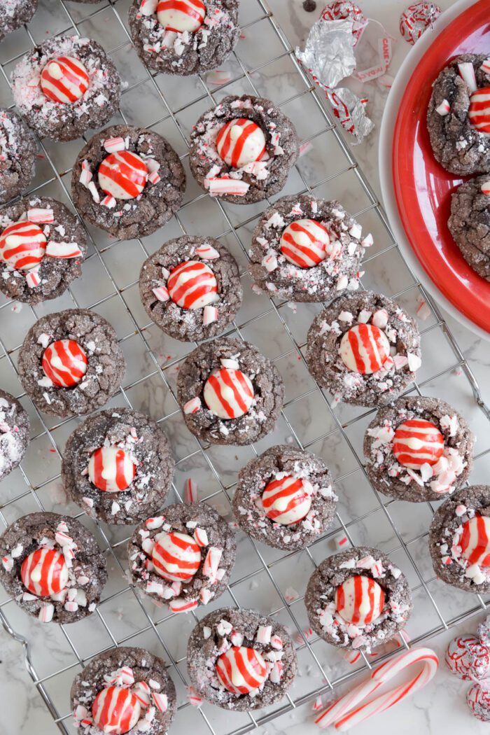 Peppermint patty cookies on a cooling rack.