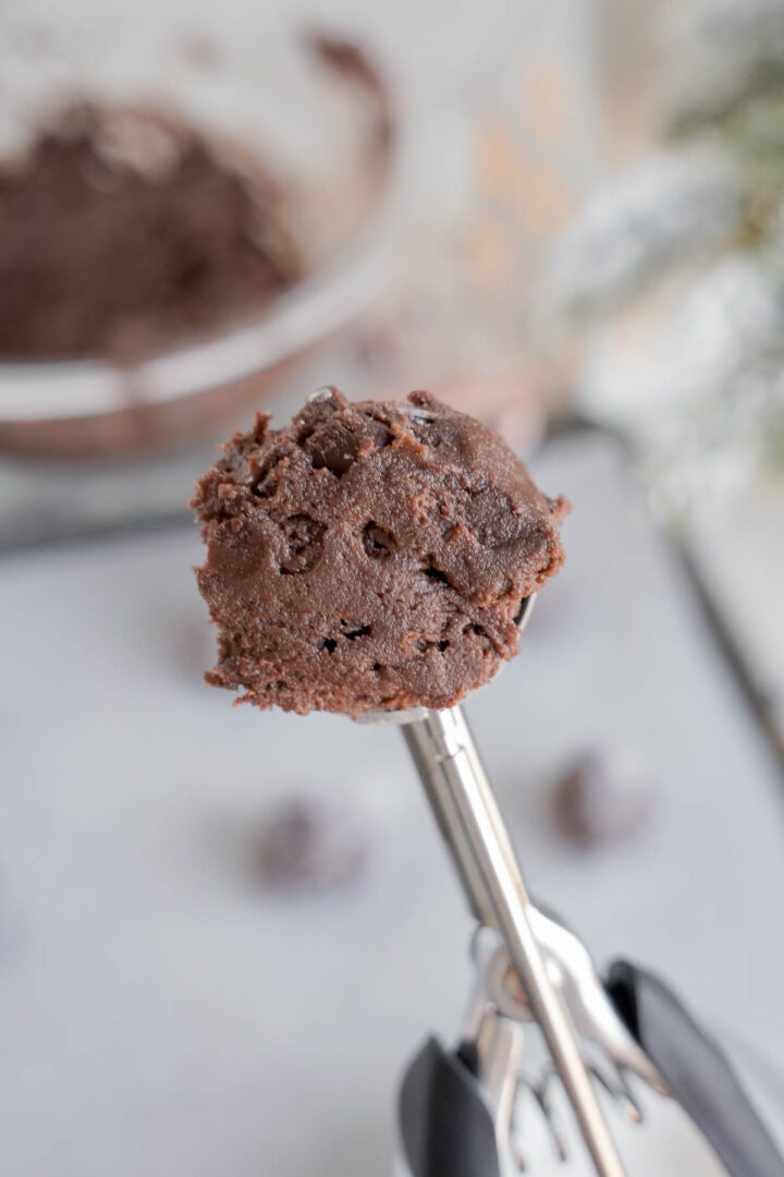 Peppermint Brownie Bites in cookie scoop
