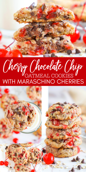 Cherry chocolate chip cookies with maraschino cherries.