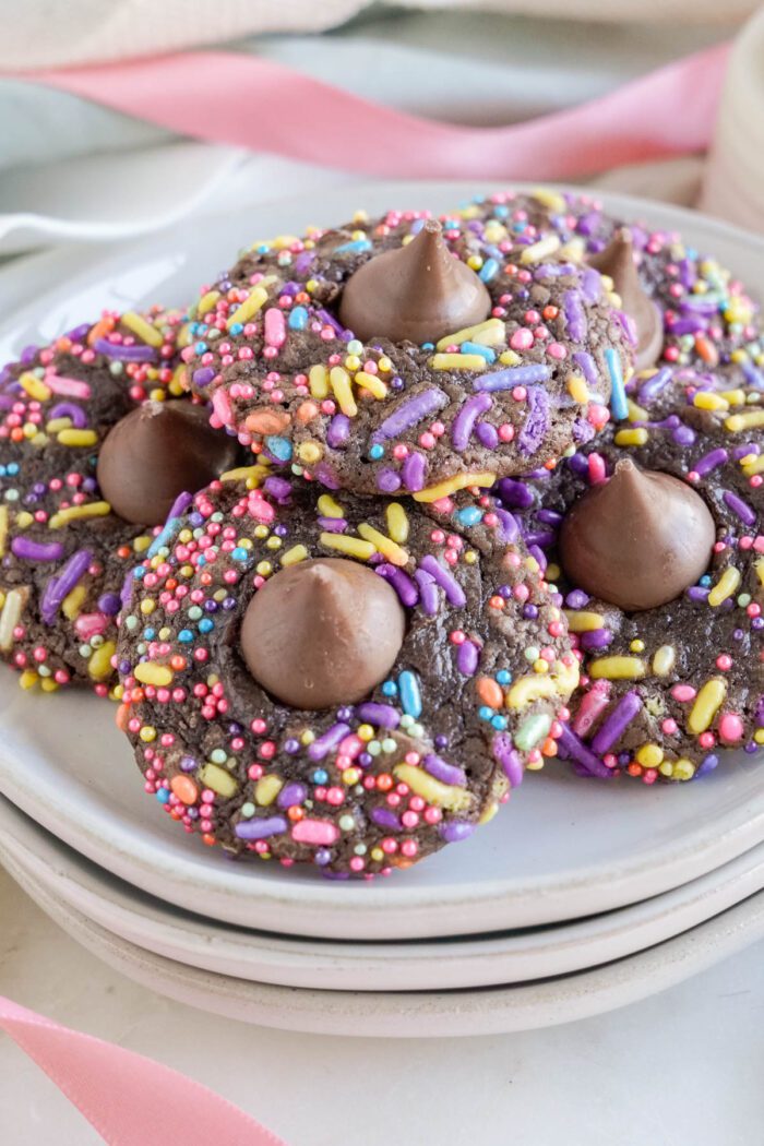 Easy chocolate cookies with sprinkles on a plate for Easter.