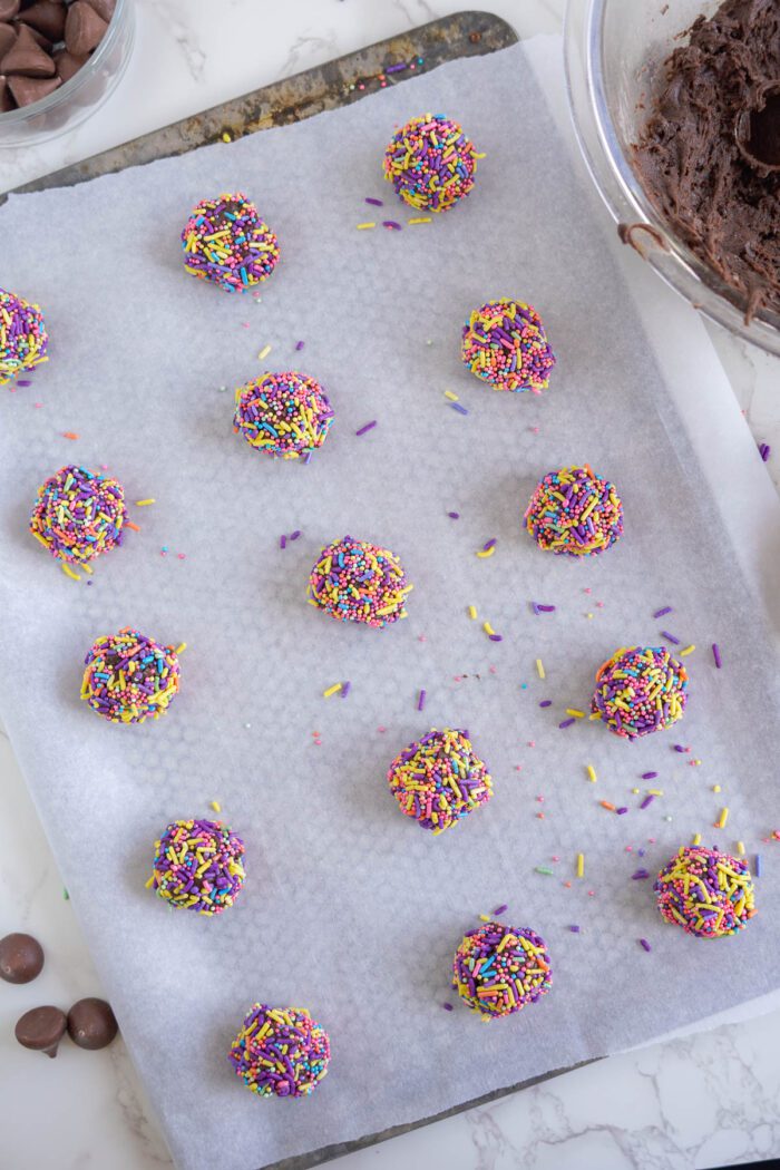Easy brownie chocolate sprinkle cookies on a baking sheet for Easter.
