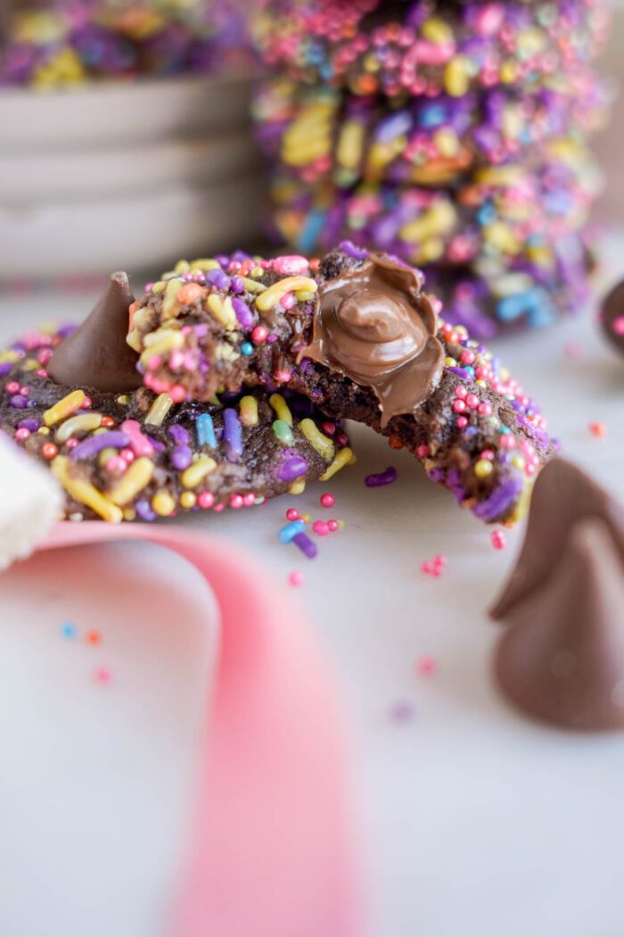 Easy chocolate sprinkle cookies with sprinkles on a white plate for Easter.