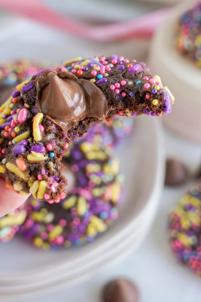 A person is holding a brownie cookie with sprinkles on it for Easter.