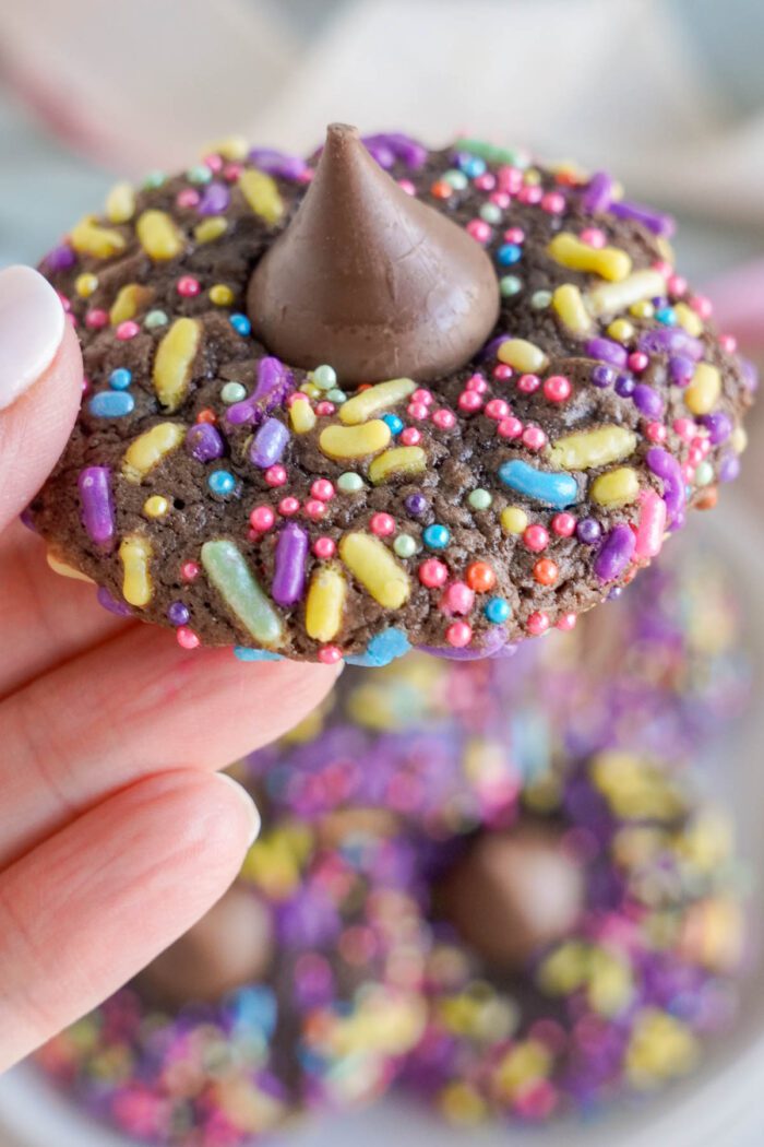 A hand holding an Easter brownie cookie with sprinkles on it.