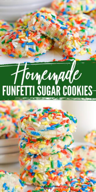 Stack of homemade funfetti sugar cookies adorned with colorful sprinkles.