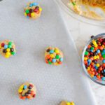 Peanut Butter M&M Cookies on Baking Sheet