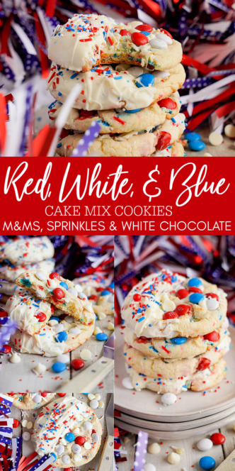 Stack of red, white, and blue Easy 4th of July Cake Mix Cookies decorated with M&Ms, sprinkles, and white chocolate, presented festively with themed text overlay.