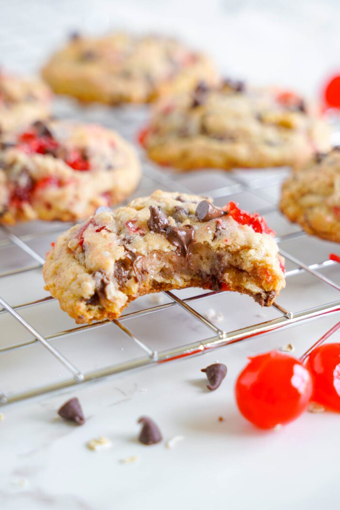 Homemade Cherry Chocolate Chip Cookies Recipe cooling on a wire rack.