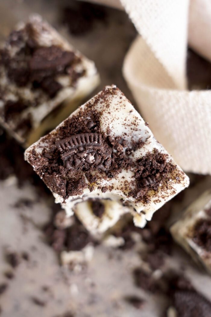 Close-up of an Oreo Fudge bar with crumbled cookie topping.