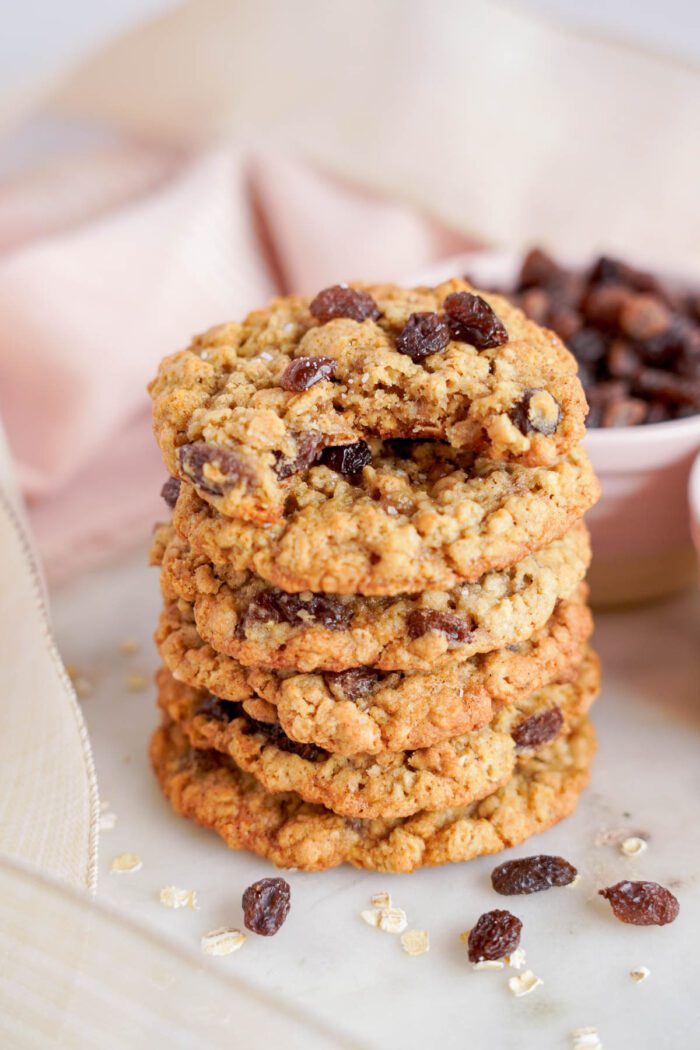 A stack of oatmeal raisin cookies.