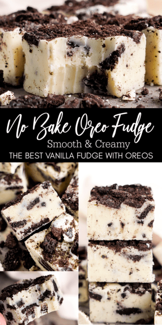 Slices of creamy no-bake oreo fudge, highlighting its rich texture with cookie chunks.