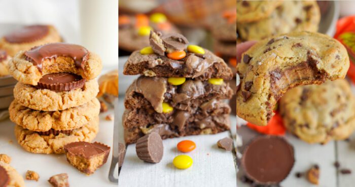 A collage of three different cookies: peanut butter cups cookies, chocolate candies on a brownie cookie, and chocolate chip cookies with colorful candies.