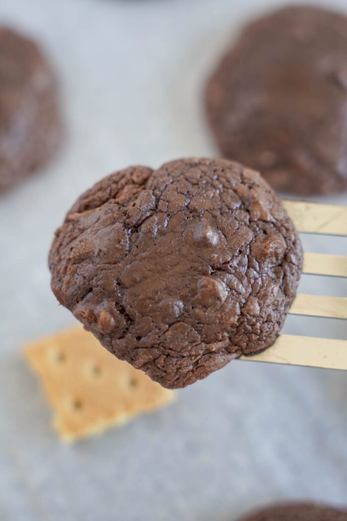 A chocolate cookie with a cracked surface speared by a gold fork, with other cookies and a cracker visible in the background.