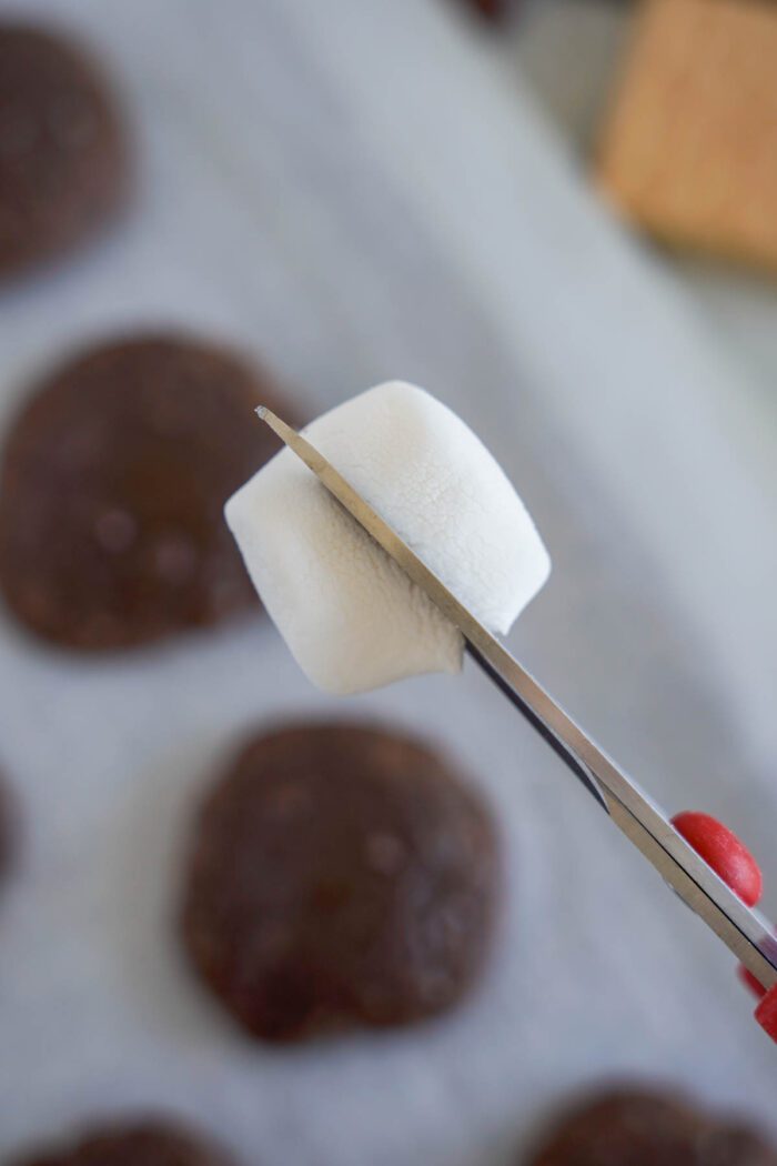 A close-up of a marshmallow getting cut in half
