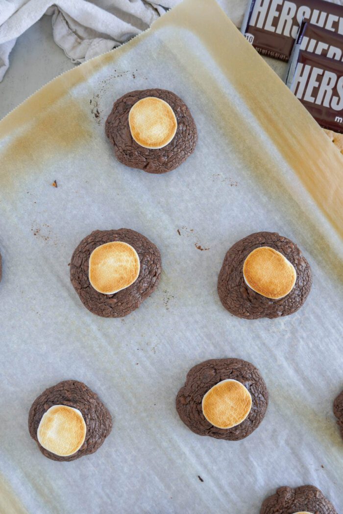 S'mores Brownie Mix Cookies with toasted marshmallows on top