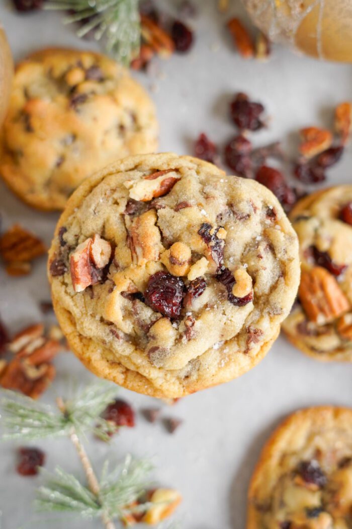 A close-up of a cranberry pecan cookie on a surface surrounded by scattered nuts, more cookies, and pine branches.