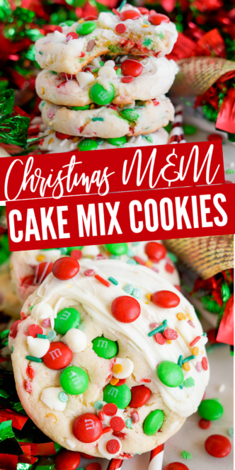 Close-up of Christmas-themed cookies decorated with red, green, and white M&M's, sprinkles, and white chocolate drizzle, displayed on a festive background with text: "Christmas M&M Cake Mix Cookies.