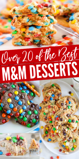 A collage image featuring a variety of M&M desserts, including stacked cookies, scattered cookies, and M&M-topped treats, with a banner reading "Over 20 of the Best M&M Desserts.