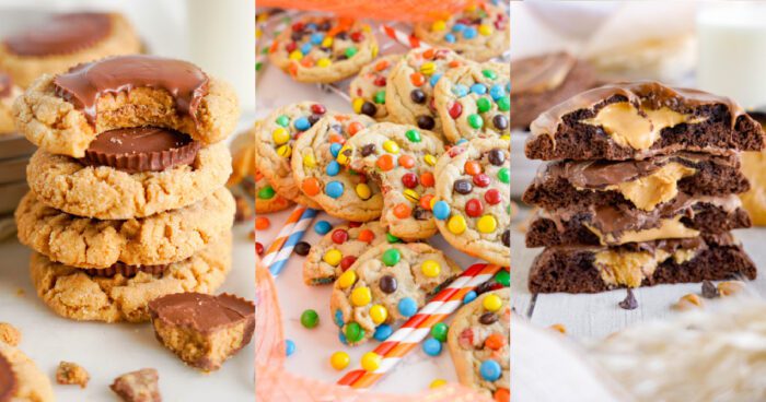 A collage showing three types of cookies: peanut butter cup cookies, M&M cookies, and chocolate cookies filled with peanut butter.