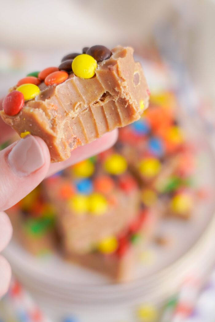 A close-up of a hand holding a piece of peanut butter fudge topped with colorful candy-coated chocolates, with more pieces blurred in the background.