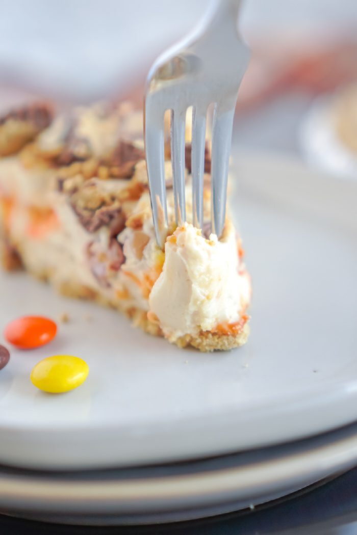 A fork is inserted into a slice of cheesecake on a white plate. Colorful round candies are scattered nearby.
